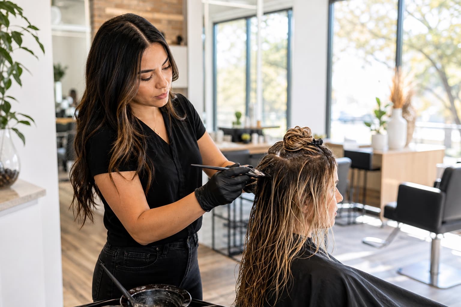 Cosmetologist styling a client's hair in a Texas salon