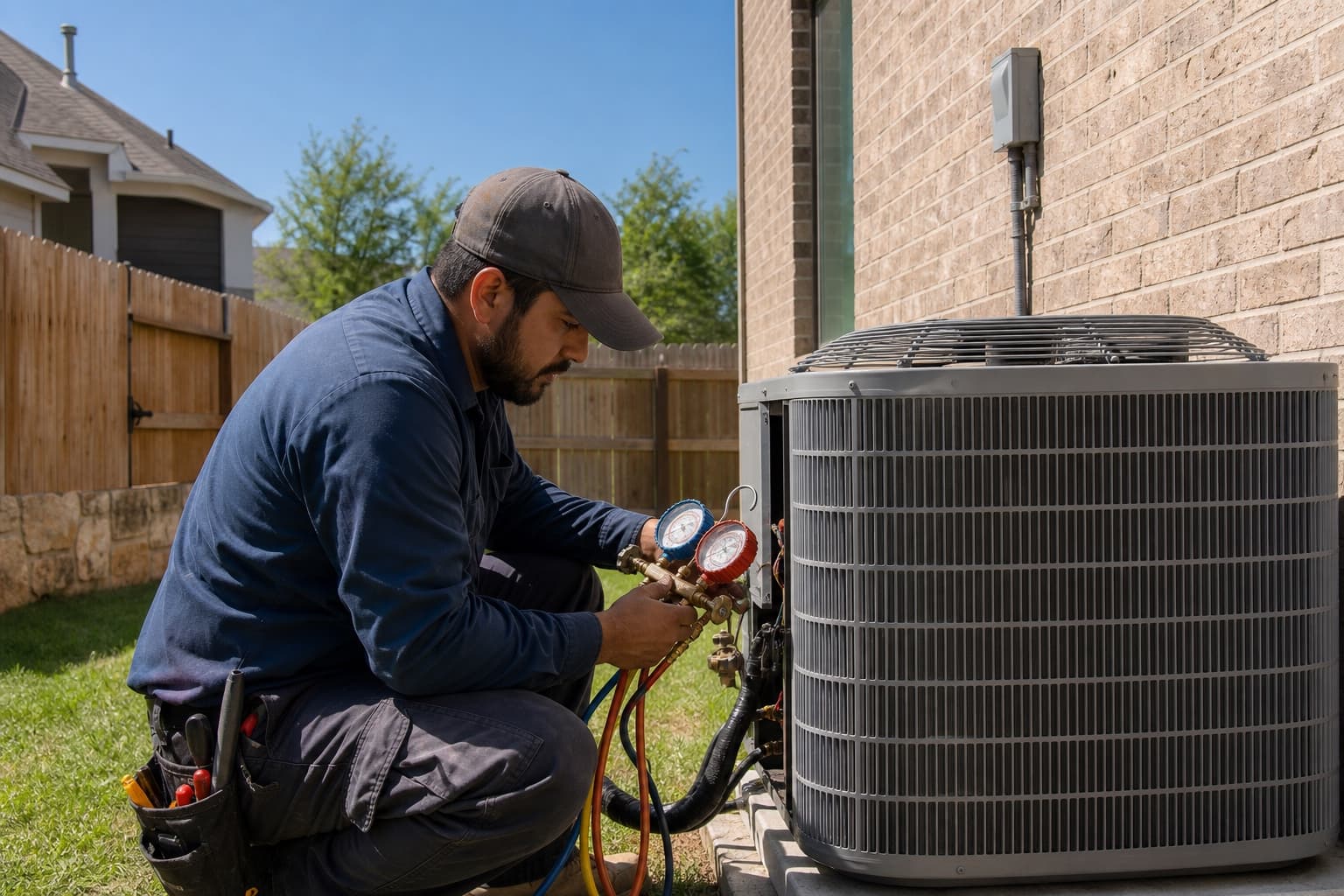 HVAC technician checking gauges on an outdoor condenser unit