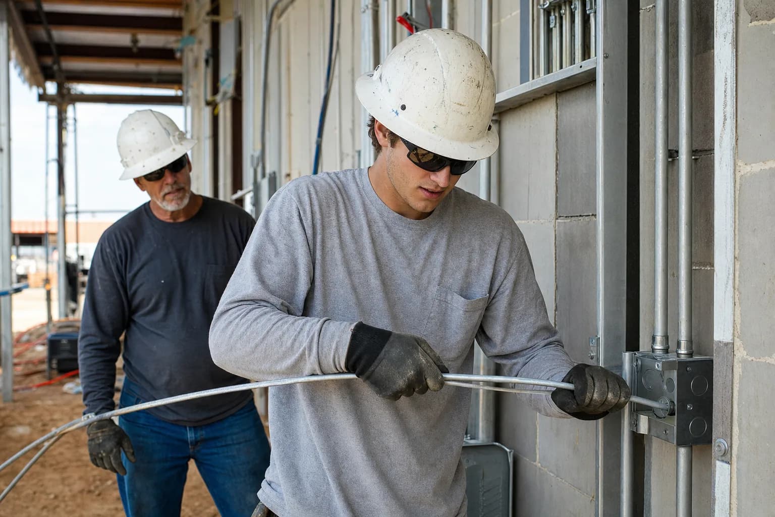 Apprentice electrician pulling wire through conduit on a Texas job site