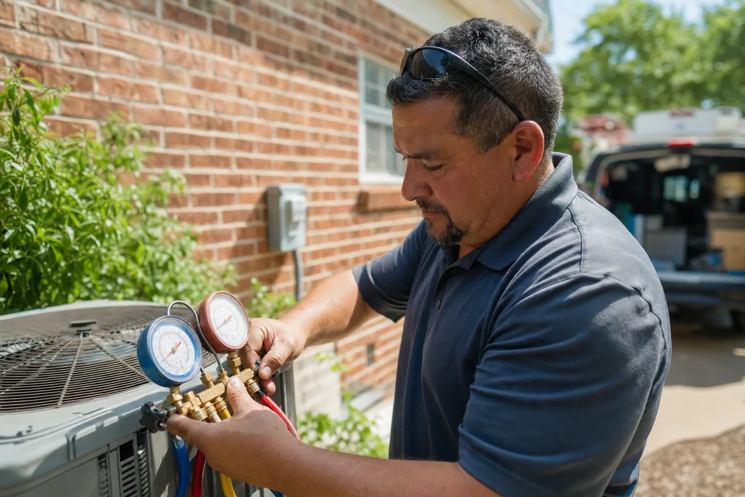 HVAC contractor checking refrigerant gauges on an outdoor condenser unit at a Texas home
