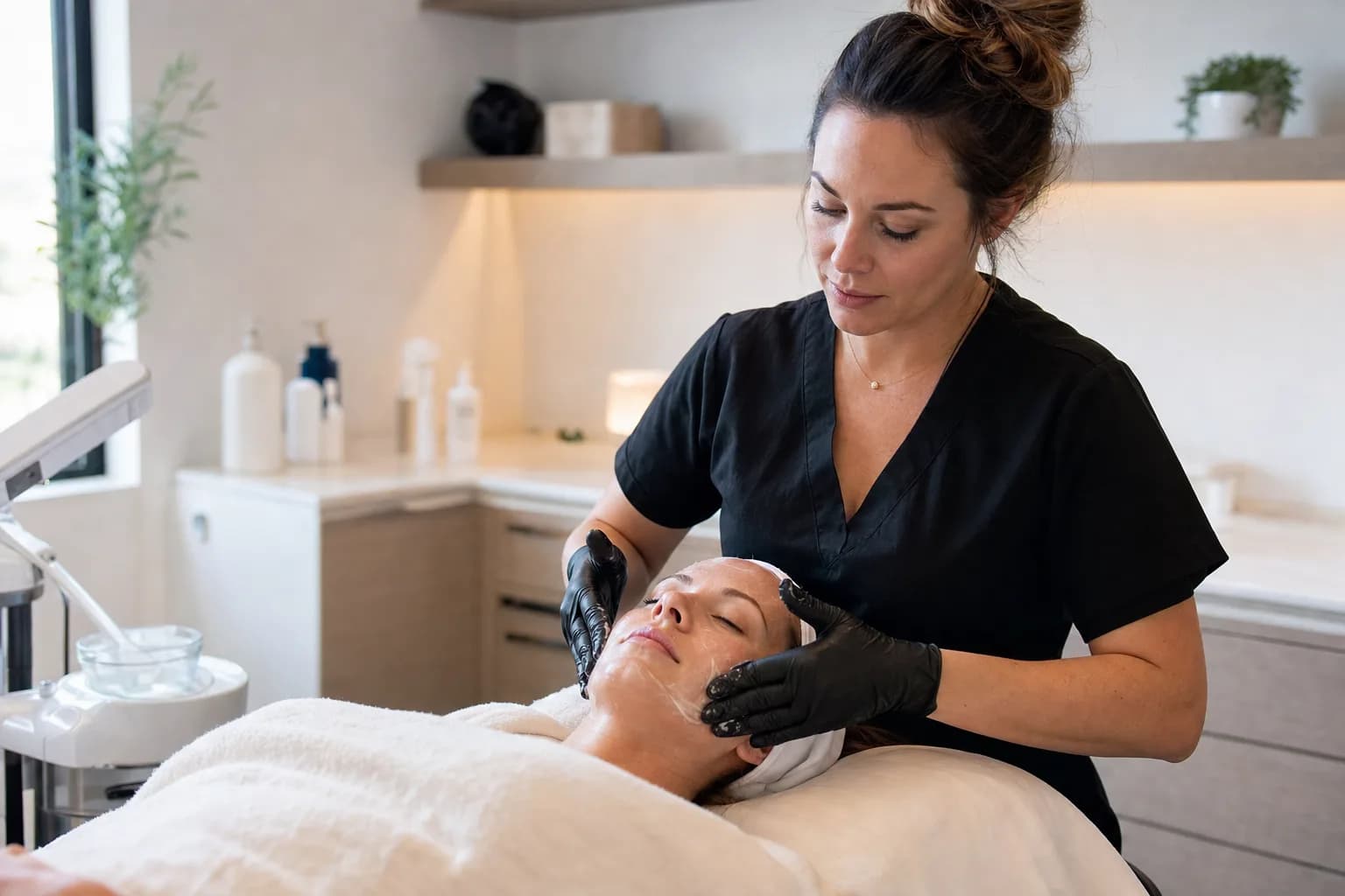 Licensed esthetician performing a facial treatment in a Texas skincare studio