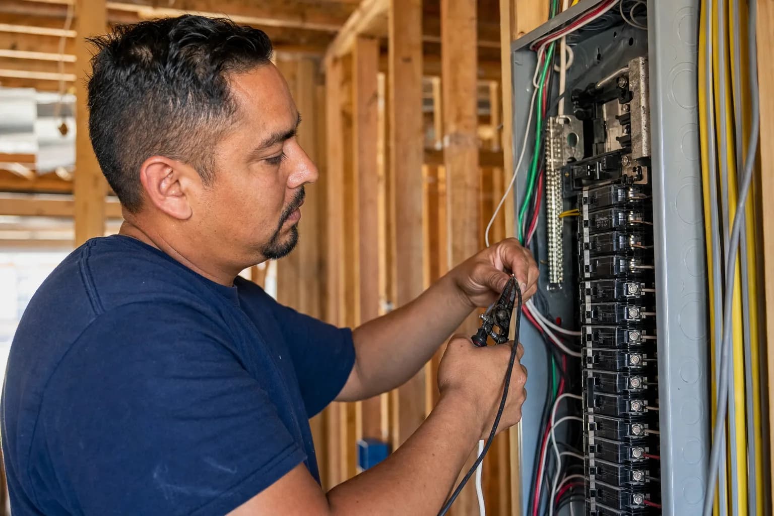 Journeyman electrician wiring a residential breaker panel in Texas