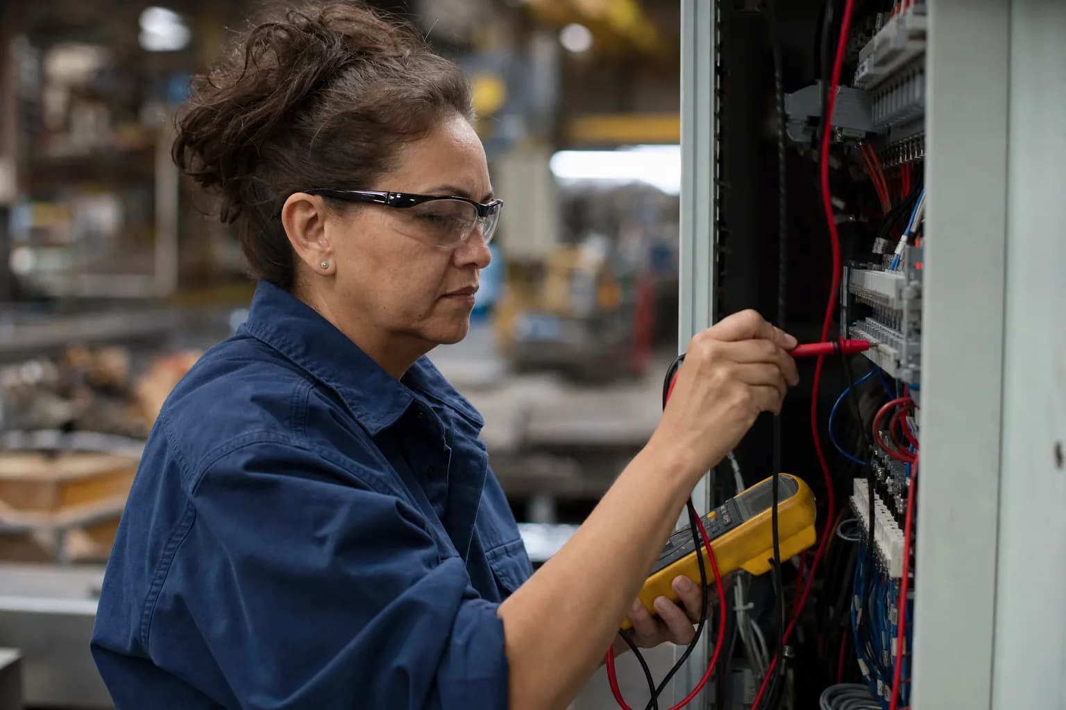 Maintenance electrician testing an industrial control cabinet with a multimeter