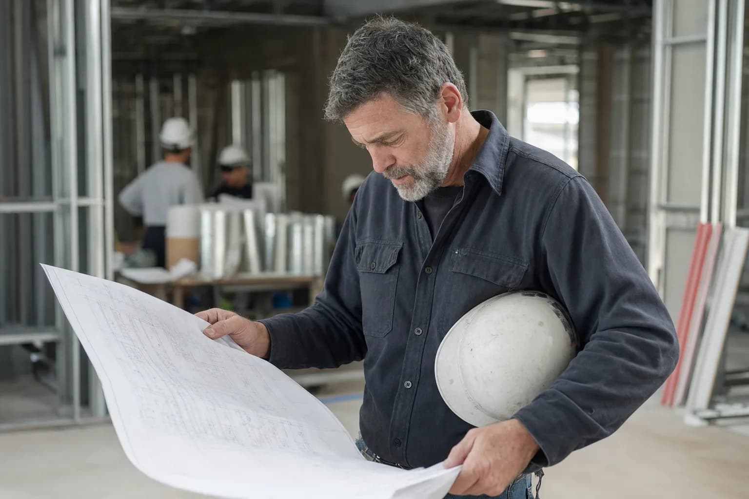 Master electrician reviewing electrical plans on a Texas commercial job site