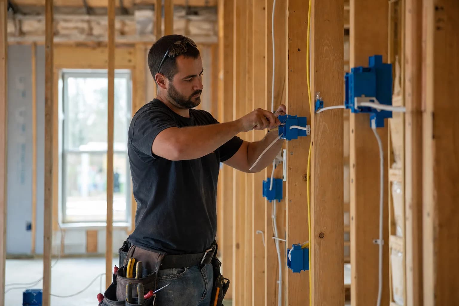 Residential wireman installing rough-in wiring in a Texas home under construction