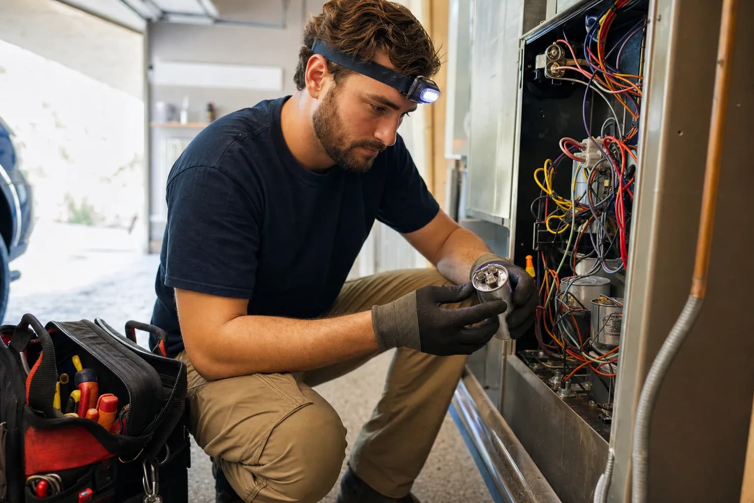 HVAC technician replacing a capacitor in an air handler in a Texas garage