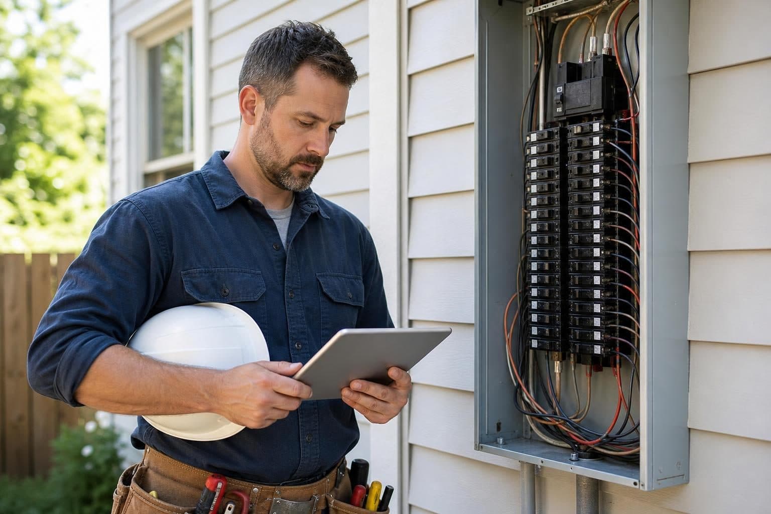 Texas journeyman electrician reviewing renewal requirements on a tablet beside a breaker panel