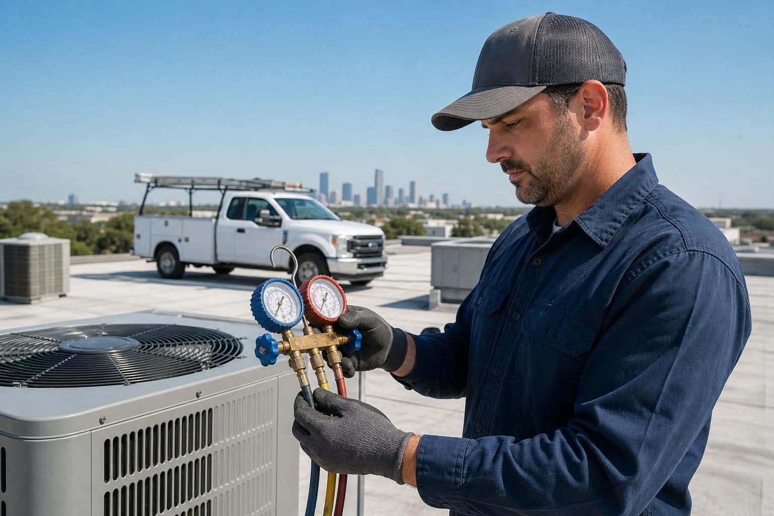 Texas HVAC contractor checking gauges on a rooftop condenser unit